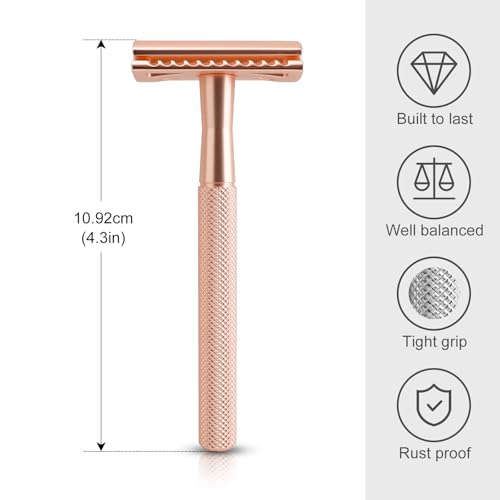 Safety Razor for Men & Women - Double Edge Single Blade Razor with 10 Blades, Reusable One Blade Razor for Close Shave (Mens & Womens Razor, Eco-Friendly)-Rose gold