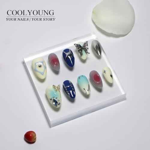 Homemade Press On Nails, Fake Nails Almond, 3D, Handmade Acrylic Press On Nails, Gifts For Women, COOLYOUNG Handmade Nails, 10 PCS Blue Nails, Size L