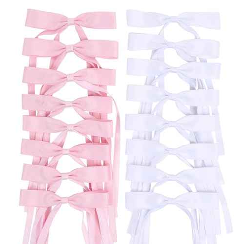 Hair Bows Clips Coquette Ribbon Bowknot with Long Tail Princess Hair Bows French Barrettes Hair Accessories for Women Girls 16PCS (Pink, White)