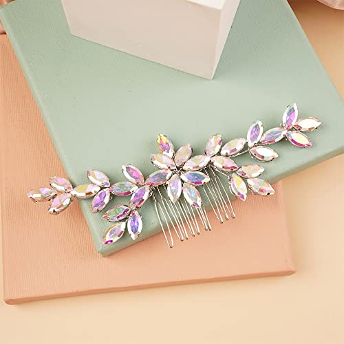 Kercisbeauty Wedding Bridal AB Crystal Hair Comb Colorful Clear Rhinestones Hair Piece for Women Girls Banquet Party (AB color)