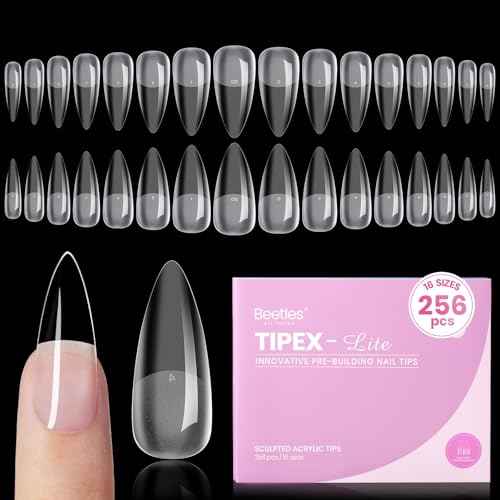 Beetles Tipex Lite Apex Nail Tips, Stiletto Medium, 256pcs 16 Sizes,Pre-Building Pre-Etched Acrylic Nail Tips for Flat Nails & Natural Nail Beds