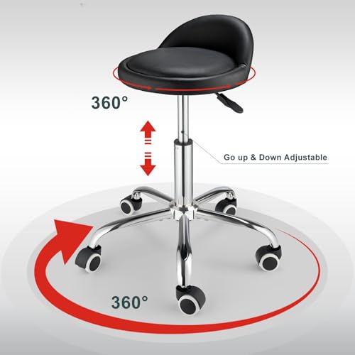 Swivel Rolling Stool with Wheels Height Adjustable Stool Chair Drafting Chair with Backrest Stable Base Foot Black
