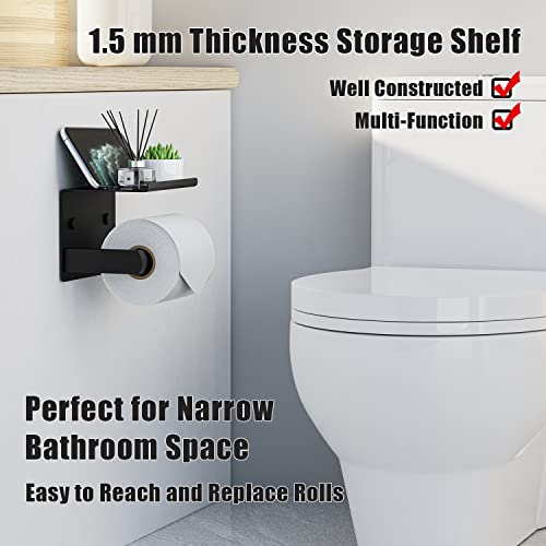 Tindbea Toilet Paper Holder with Phone Shelf, Adhesive or Screw Wall Mount Toilet Tissue Roll Holder, Rustproof & Multifunctional Stainless Steel Bathroom Storage Dispenser (Matte Black)