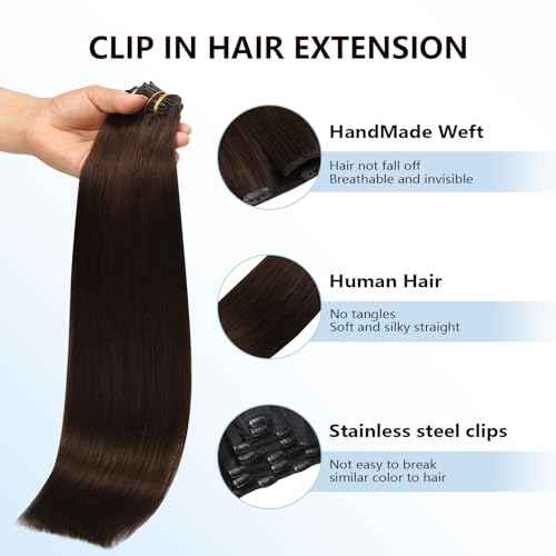 COOKAYU Clip in Hair Extensions Real Human Hair, Real Hair Extensions Clip in Human Hair Medium Brown Straight Hair 14inch 120g 7Pcs