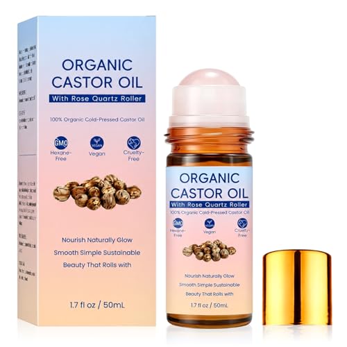 Organic Castor Oil Roll-On with Rose Quartz Roller, 100% Pure