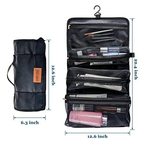 BONNY DODO Toiletry Travel Bag Can Hanging Large Roll-Up Makeup Organizer Bag with 3 Detachable Transparent Mesh Folding Cosmetic Travel Bags for Women & Men Black Toiletries Organizer Bag