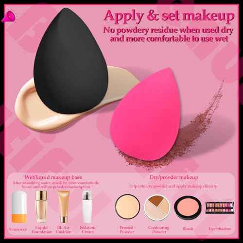 14 Pcs Makeup Sponges,Beauty Sponges Blender with 4 Pcs Powder Puff and 4 Pcs Mini Make up Sponges Valentine's Day Gift,Mother's Day Gift for Women Liquid,Foundation,Powder,Concealer(Black,Hot pink)