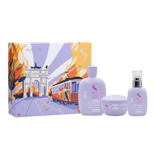 Alfaparf Milano Semi di Lino Smooth Gift Set for Rebel and Frizzy Hair - Sulfate Free Shampoo, Hair Mask and Smoothing Cream - Anti Frizz Control