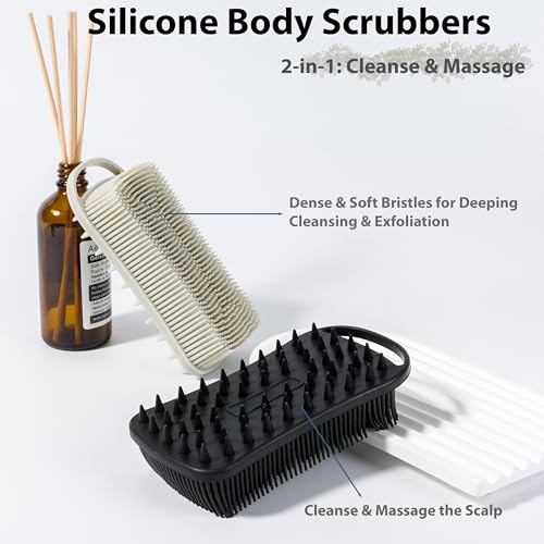 MtBoi 2-Pack Silicone Body Scrubber Grey & Black - Exfoliating Shower & Hair Scalp Massager for Sensitive Skin