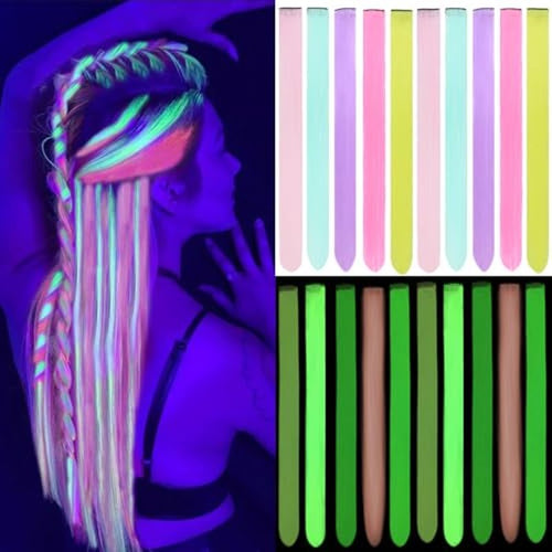 10Pcs Glow in the Dark Clip-In Hair Extensions 20" Colorful