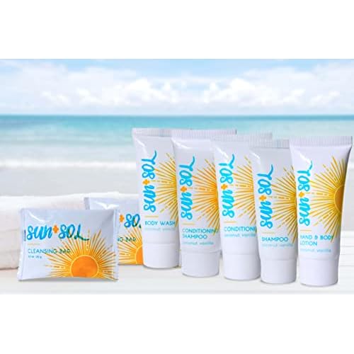 World Amenities Sun + Sol Bulk Refreshing Soap Bar with Warm Coconut & Vanilla Fragrances, Sachet Wrapped Travel Size Toiletries, Mini Hotel Amenities, 1 Oz, 100 Count