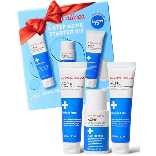 Peach Slices - 3-Step Acne Starter Kit (3 Products) - Skin Care Set - 1 Toner, 1 Cleanser, 1 Oil Free Moisturizer - 2% Salicylic Acid & Botanicals - Vegan & Cruelty Free - Korean Skin Care & Beauty