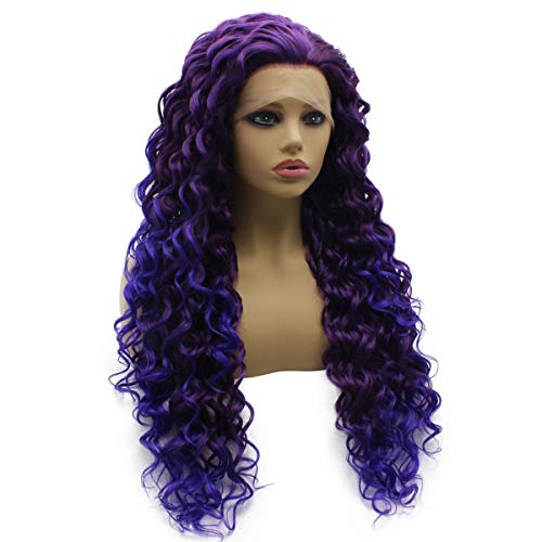 iwonawig Iewig Long Curly Ombre Purple Wig for Women Synthetic Lace Front 2 Tones Heat Friendly Wig