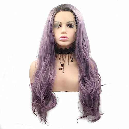24" Ombre Purple Wigs Long Wavy Synthetic Lace Front Wigs for Women Dark Root to Violet Purple 2 Tones Middle Part Natural Looking Synthetic Heat Resistant Fiber Wig for Daily Party Use