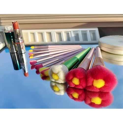 Beautiful Makeup Brush Set for Girls, 10pcs Kawaii Fan Cute Daisy Flower Red Makeup Brushes Kit of Powder Blush Eye Shadow Brush for Teens Women Girls