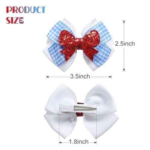 2PC Blue White Gingham Hair Bow Clips 3.5 Inch Checker Pigtail Bows Wizard Hair Accessories