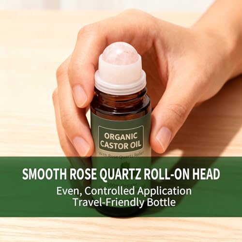 Organic Castor Oil Roll-on with Rose Quartz - 1.7oz, Cold-Pressed for Skin, Brows & Lashes (Variation 1)