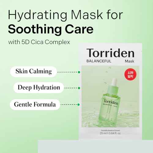 Torriden BALANCEFUL Cica Facial Masks (10 sheets) | Extra Soothing Care | 5D CICA, Hydrolyzed Hyaluronic Acid, Panthenol | Korean Face Mask