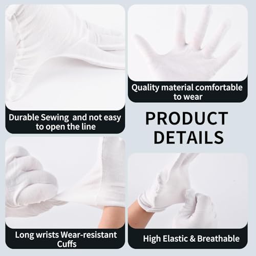 White Cotton Gloves for Dry Hands & Overnight Moisturizing, 30 Pairs