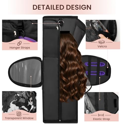 Wig Storage Bag Holds 3 Wigs Hair Tools Travel Bag Full-Open Breathable Organizer Case for Clips, Hair Dryer, Flat Curling Iron Brushes,Cosmetic Toiletry Tote Valentine's Gift for Women Stylist
