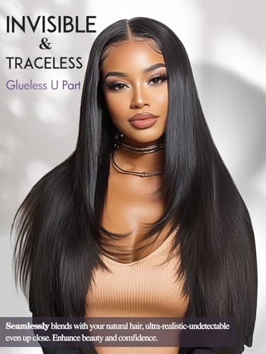 Yaki Straight U Part Wig 24" Clip-In Glueless Heat Resistant Natural Black