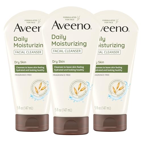 Aveeno Daily Moisturizing Facial Cleanser for Dry Skin, Hydrating Acne Face Wash with Soothing Oat for soft & Supple Skin, Free of Parabens, Sulfates, Fragrance, Dyes & Soaps, 5 FL OZ (Pack of 3)