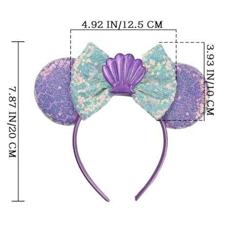 JIAHANG Mermaid Mouse Ears Headband with Sequin Bow, Seashell Hair Band Party Decoration Headwear for Women Girls