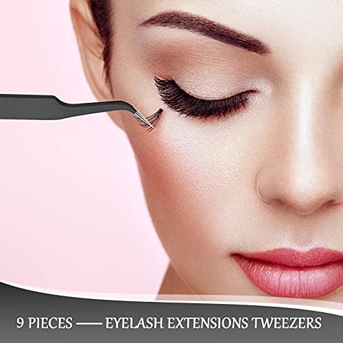 Honoson 9-Pack Curved Tweezers Stainless Steel Eyelash Extension