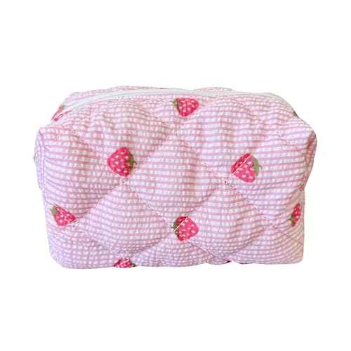 Cotton Quilted Makeup Bag Coquette Accessories Make up Bag Organizer Cute Floral Cosmetic Pouch Travel Makeup Bag for Women strawberry