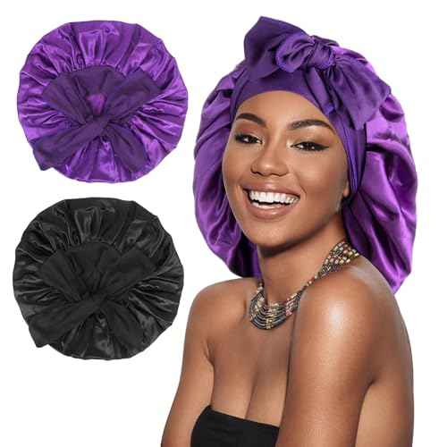 Arqumi 2 Pcs Satin Silk Bonnet for Sleeping Women, Large Long Strap Tie Band Adjustable Sleep Night Cap Hair Bonnet Wrap for Men, Black+Purple