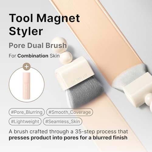 THE TOOL LAB Magnet Styler Pore Dual Brush, Liquid Foundation Brush, Professional Flat Top for Liquid and Cream Makeup, Buffing and Blending, Korean Makeup (1 Count)