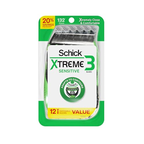 Schick Xtreme 3 Original Sensitive Disposable Razors for Men | Disposable Mens Razors for Shaving Sensitive Skin, 12ct