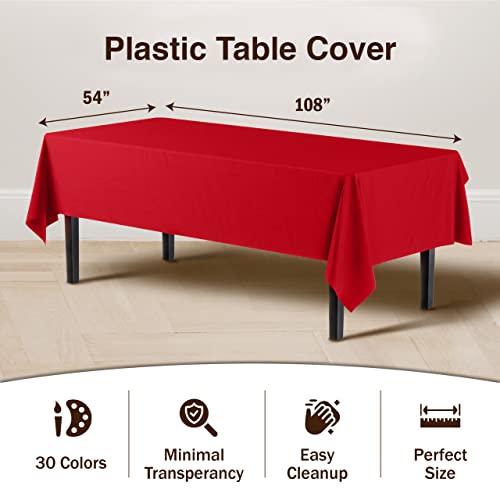 Exquisite 12-Pack Premium Plastic Tablecloth 54in. x 108in. Rectangle Table Cover - Red