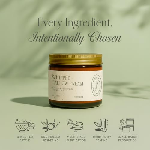 KUSHI Grass-Fed Whipped Tallow Cream Moisturizer for Face & Body ? Organic Lavender ? Vitamins A, D, E, K ? Paraben & Sulfate Free, All-Natural Skin Care ? 1.3oz