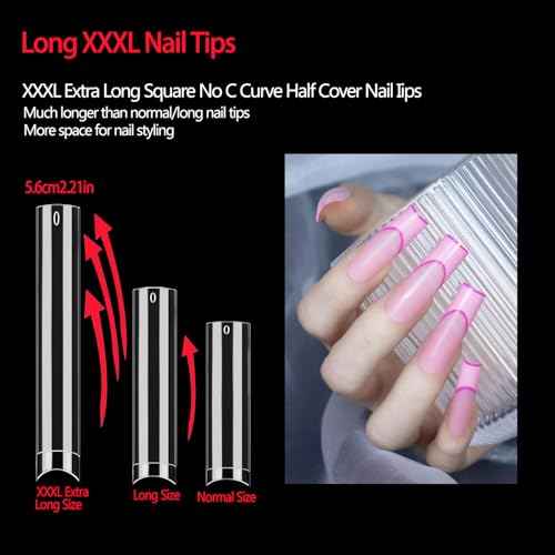 504 Pcs No C Curve Square Nail Tips, XXXL Half Cover Clear Nails Tips for Acrylic Nails, 3XL Straight Tapered Square Flattened Fake Nail Tips for Nail Salons and DIY 12 Sizes