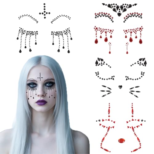 4 Pack Halloween Face Gems Jewels Stickers Spider Web Black Red