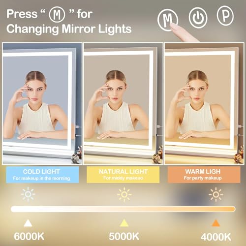 Makeup Vanity Mirror 24" x 19" Large LED Makeup Mirror, Desk Mirorr with Lights, Light up Mirror with 10X Magnification and, Dimmable 3 Modes, Touch Control White