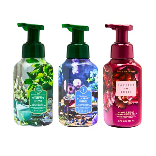 Bath & Body Works Foaming Hand Soap 3-Pack Bundle – White Tea, Blueberry, Roses