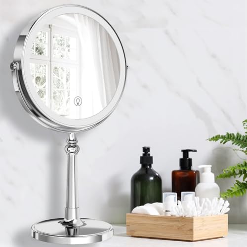 9" Large Make up Vanity Mirror with Lights Chrome Two Way Mirror 1x/10x Magnifying Mirrors with Light and Stand 4000mAh Rechargeable Led Makeup Mirrors for Desk Dresser Table