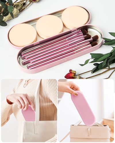 12-Piece Makeup Brush Set with Pink Storage Case and Powder Puffs