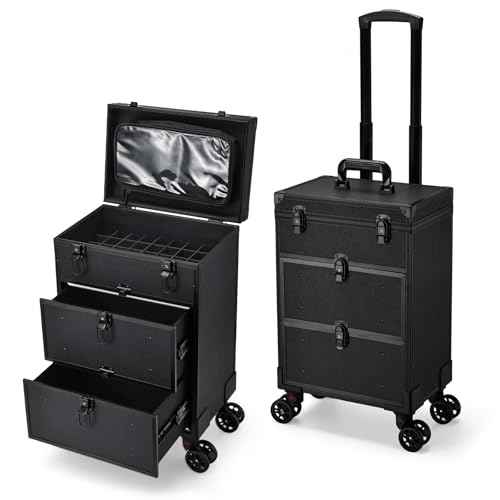 Professional 3 in 1 Rolling Makeup Case Cosmetology Case on Wheels 2 Large Drawer Nail Case Trolley Traveling Cosmetic Train Case with Makeup Pouch for Artists Nail Technician Salon Cart Trunk Black