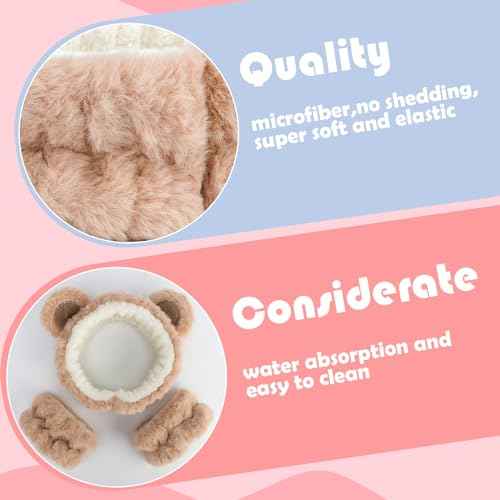 Canitor Face Wash Headband with Wrist Towels - Soft Coral Fleece Spa Makeup Headband, Cute Animal Elastic Skincare Design with Bear Ears