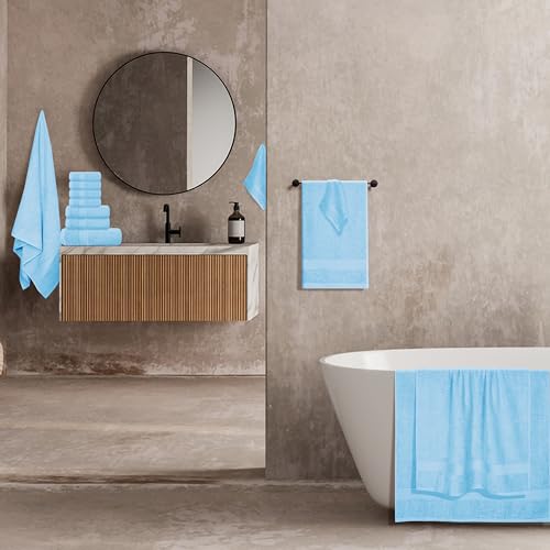 BOUTIQUO 24 Pack Cotton Towel Set, Contains 6 Bath Towels 27x54 inch, 6 Hand Towels 16x24 inch & 12 Wash Coths 12x12 inch, Ideal Everyday use, Ultra Soft Compact & Lightweight - Sky Blue