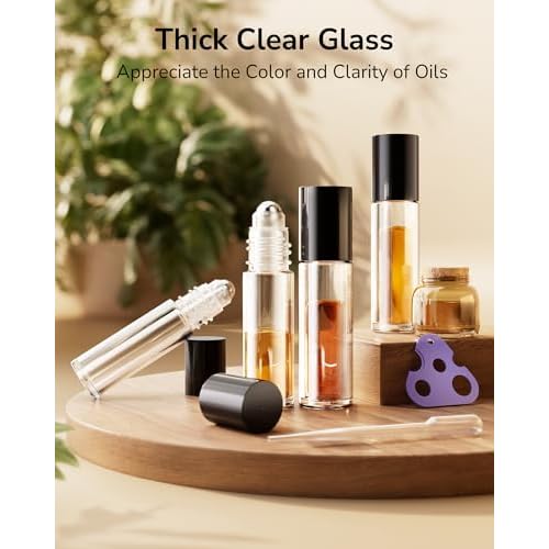 ULG 24-Pack Essential Oil Roller Bottles 10ml, Empty Bottles with Stainless Steel Roller Balls and Waterproof Labels, Clear Roller Balls For Essential Oils