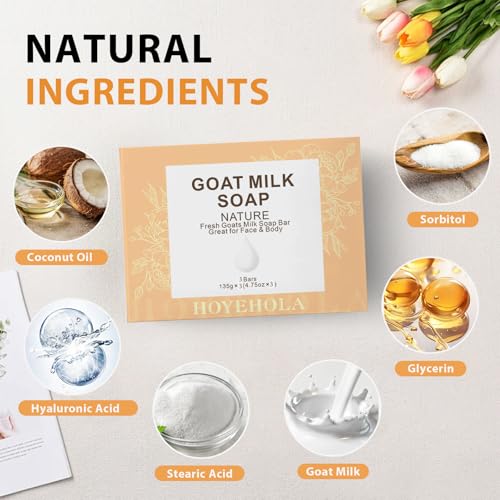 Goat Milk Soap Bar 3 Packs - Natural Moisturizing Soap Bar for Men Women All Skin Types Face & Body, 14oz Pack of 3 Bars