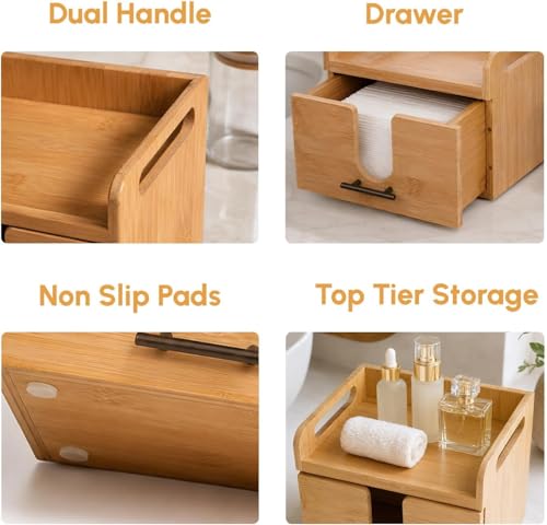 Vespara Bamboo Disposable Face Towel Holder with Drawer & Glass Jars - Vanity Skincare Organizer