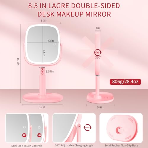 Lighted Makeup Mirror 8.5" 1x/10x Magnifying Rechargeable LED