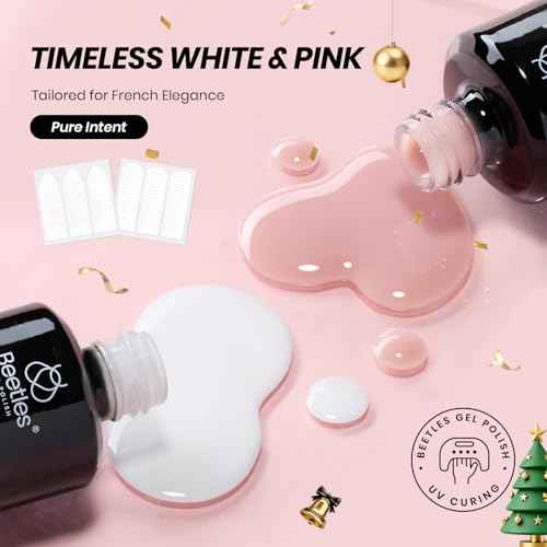 Beetles French Gel Polish Set - White Nude Pink Gel Nail Polish Soak Off UV LED French Tip Manicure with 2 French Manicure Nail Art Sticker Sheets, Classic French Nail Kit for DIY at Home or Salon