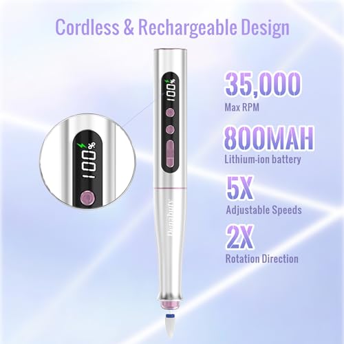 Denabuty Cordless 13-in-1 Electric Nail Drill Machine - Silver, 35000RPM