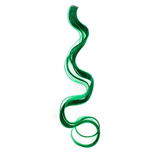 SWACC 12 Pcs Curly Wavy One Color Party Highlights Clip on in Hair Extensions Colored Hair Streak Synthetic Hairpieces (Green)